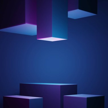 Mor ve mavi soyut geometrik arkaplanın 3D görüntüsü. Reklam, teknoloji, vitrin, afiş, oyun, spor, kozmetik, iş, metaevren sahnesi. Bilim-Kurgu İllüstrasyonu. Ürün görüntüsü