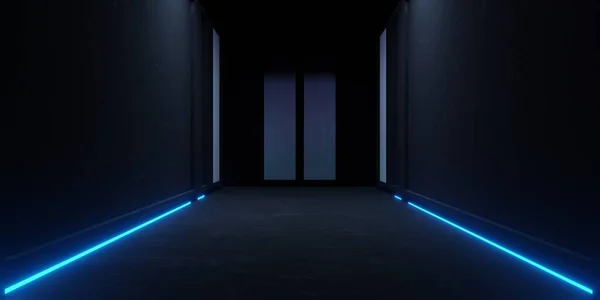 Rendering Blue Neon Glowing Spaceship Corridor Hallway Dark Background Scene — Stock Photo, Image