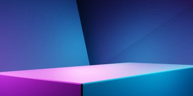 Mor ve mavi soyut geometrik arkaplanın 3D görüntüsü. Siber punk konsepti. Reklam, teknoloji, vitrin, afiş, kozmetik, moda, iş. Bilim-Kurgu İllüstrasyonu. Ürün görüntüsü