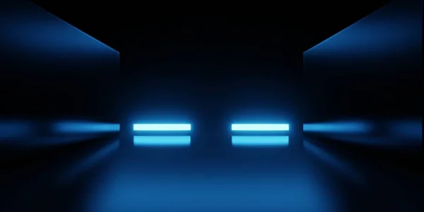 Renderelés Kék Neon Izzó Űrhajó Folyosó Folyosó Háttér Jelenet Reklám — Stock Fotó