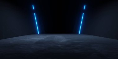 3D mavi neon parlayan uzay gemisi koridorunun karanlık arka planı. Reklam, sergi salonu, teknoloji, gelecek, modern, spor, oyun, metaevren. Bilim Kurgu İllüstrasyonu. Ürün görüntüsü