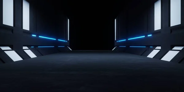 Renderelés Űrhajó Folyosó Kék Neon Világító Folyosó Sötét Háttér Jelenet — Stock Fotó