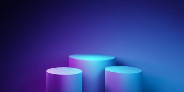 Mor ve mavi soyut geometrik arkaplanın 3D görüntüsü. Reklam, teknoloji, vitrin, promosyon, afiş, kozmetik, iş, meta-evren sahnesi. Bilim-Kurgu İllüstrasyonu. Ürün görüntüsü