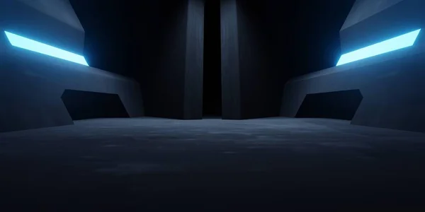 Renderelés Kék Neon Izzó Űrhajó Folyosón Sötét Háttér Jelenet Reklám — Stock Fotó