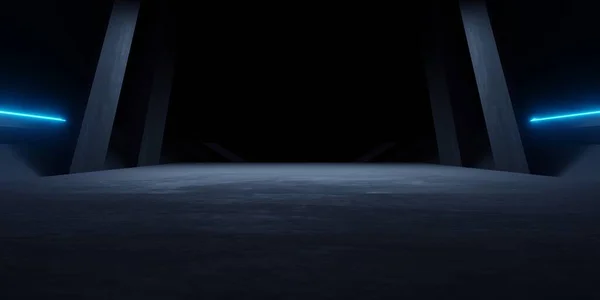 Renderelés Kék Neon Izzó Űrhajó Folyosón Sötét Háttér Jelenet Reklám — Stock Fotó