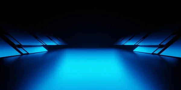 Rendering Blue Light Corridor Hallway Spaceship Dark Background Scene Advertising — Stock Photo, Image