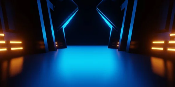 Renderelés Kék Narancs Neon Űrhajó Folyosó Folyosó Háttér Jelenet Reklám — Stock Fotó