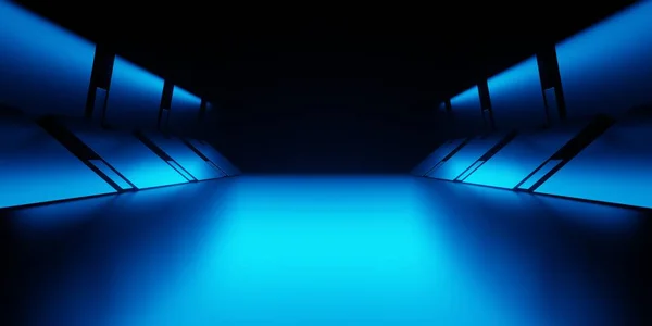 Απόδοση Του Μπλε Νέον Λαμπερό Διαστημόπλοιο Διάδρομο Φόντο Διάδρομο Σκηνή Εικόνα Αρχείου