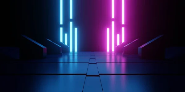 3d rendering of blue pink neon spaceship corridor hallway dark background. Scene for advertising, showroom, technology, future, modern, Esport, game, metaverse. Sci Fi Illustration. Product display