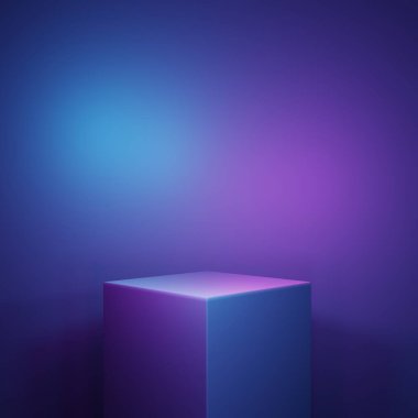 Mor ve mavi soyut geometrik arkaplanın 3D görüntüsü. Reklam, teknoloji, vitrin, yemek, afiş, kozmetik, moda, iş, spor, oyun sahnesi. Bilim-Kurgu İllüstrasyonu. Ürün görüntüsü