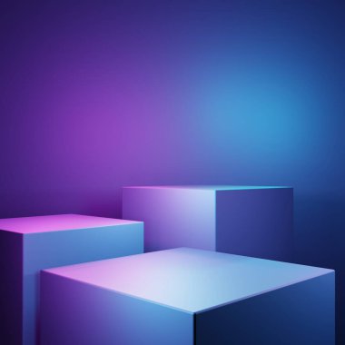 Mor ve mavi soyut geometrik arkaplanın 3D görüntüsü. Reklam, teknoloji, vitrin, yemek, afiş, kozmetik, moda, iş, spor, oyun sahnesi. Bilim-Kurgu İllüstrasyonu. Ürün görüntüsü