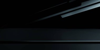 Siyah soyut geometrik karanlık mimari arkaplanının 3 boyutlu yansıması. Reklam tasarımı için sahne, sergi odası, teknoloji, gelecek, modern, spor, oyun, metaevren, kozmetik, garaj. Bilim Kurgu İllüstrasyonu