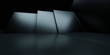Siyah soyut geometrik arkaplanın 3D görüntüsü. Reklam tasarımı için sahne, sergi odası, teknoloji, gelecek, modern, spor, oyun, uzay gemisi, kozmetik, depo, garaj. Bilim Kurgu İllüstrasyonu