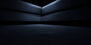 Siyah soyut geometrik arkaplanın 3D görüntüsü. Reklam tasarımı için sahne, sergi odası, teknoloji, gelecek, modern, spor, oyun, uzaylılar, uzay gemisi, garaj. Bilim Kurgu İllüstrasyonu. Gizemli distopia