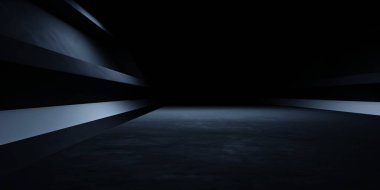 3 boyutlu fütüristik uzay gemisi koridoru karanlık arka plan, reklam, galeri, teknoloji, yenilik, modern, e-spor, oyun ortamı, ortam sahnesi. Bilim kurgu illüstrasyonu