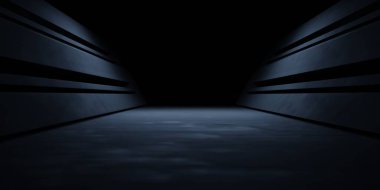 3 boyutlu fütüristik uzay gemisi koridoru karanlık arka plan, reklam, galeri, teknoloji, yenilik, modern, e-spor, oyun ortamı, ortam sahnesi. Bilim kurgu illüstrasyonu