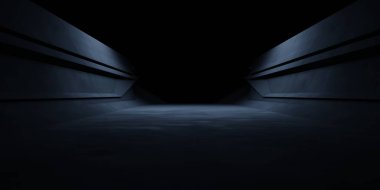 3 boyutlu fütüristik uzay gemisi koridoru karanlık arka plan, reklam, galeri, teknoloji, yenilik, modern, e-spor, oyun ortamı, ortam sahnesi. Bilim kurgu illüstrasyonu