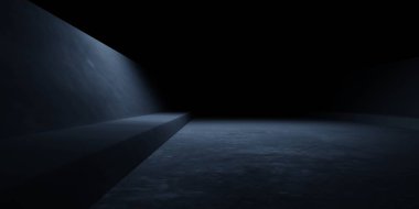 Siyah soyut geometrik modern karanlık oda arkaplanının 3 boyutlu yansıması. Reklam tasarımı için sahne, sergi odası, teknoloji, gelecek, modern, spor, oyun, uzay gemisi, depo, garaj. Bilim Kurgu İllüstrasyonu