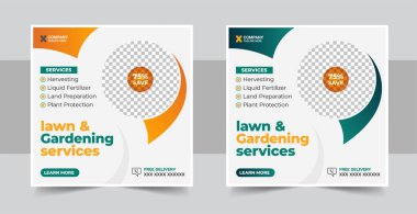 Çim biçme bahçesi ya da bahçe düzenleme servisi Sosyal Medya Postası ve Web Sancak Şablonu. Tarım postası tasarımı, çim biçme posteri, broşür, poster tasarımı, çim, ekipman. Çiftlik hizmeti sosyal medya afişi. Tarım hizmeti afişi