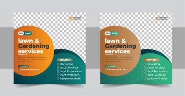 Çim biçme bahçesi ya da bahçe düzenleme servisi Sosyal Medya Postası ve Web Sancak Şablonu. Tarım postası tasarımı, çim biçme posteri, broşür, poster tasarımı, çim, ekipman. Çiftlik hizmeti sosyal medya afişi. Tarım hizmeti afişi