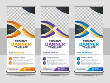 Orange Abstract Shapes Modern Exhibition Advertising Trend Business Roll Up Banner Stand Poster Brochure flat design template creative concept. Presentation. Cover Publication. Stock vector EPS. 