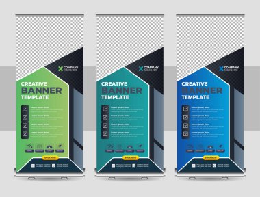 Orange Abstract Shapes Modern Exhibition Advertising Trend Business Roll Up Banner Stand Poster Brochure flat design template creative concept. Presentation. Cover Publication. Stock vector EPS. 