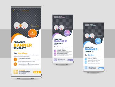 Orange Abstract Shapes Modern Exhibition Advertising Trend Business Roll Up Banner Stand Poster Brochure flat design template creative concept. Presentation. Cover Publication. Stock vector EPS. 