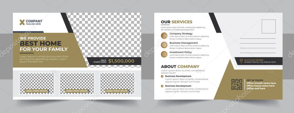 Corporate real estate postcard template design, Modern and Elegant Postcard Template For Home Sale. Real Estate and Property Sell Postcard,Corporate business orange postcard