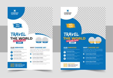 Seyahat Seyahat Tur Ajansı Uçuş Şablonu Tasarımı. Tatil, yaz seyahati ve turizm broşürü veya poster tasarımı. İş Broşürü, Şablon veya Tur ve Seyahat İş Konsepti için Flyer tasarımı.