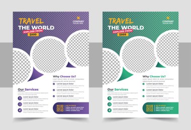 Seyahat Seyahat Tur Ajansı Uçuş Şablonu Tasarımı. Tatil, yaz seyahati ve turizm broşürü veya poster tasarımı. İş Broşürü, Şablon veya Tur ve Seyahat İş Konsepti için Flyer tasarımı.