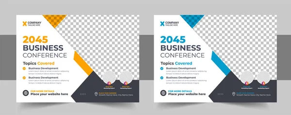 Stock vector Corporate horizontal business conference flyer template, Annual corporate business workshop, meeting, training. Horizontal Conference flyer design template. Women Leadership Conference Flyer Design