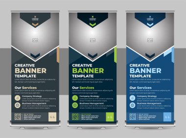 Banner roll-up tasarımı, iş konsepti. Sergiler için grafiksel şablon rulosu, seminer afişi, fotoğraf yerleştirme düzeni. Konferans için evrensel stand, tanıtım pankartı vektör arkaplanı