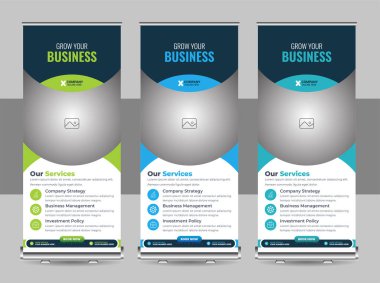 Banner roll-up tasarımı, iş konsepti. Sergiler için grafiksel şablon rulosu, seminer afişi, fotoğraf yerleştirme düzeni. Konferans için evrensel stand, tanıtım pankartı vektör arkaplanı