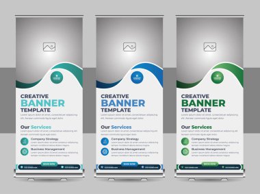 Banner roll-up tasarımı, iş konsepti. Sergiler için grafiksel şablon rulosu, seminer afişi, fotoğraf yerleştirme düzeni. Konferans için evrensel stand, tanıtım pankartı vektör arkaplanı