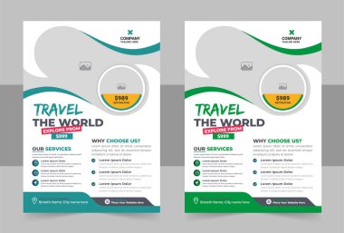 Seyahat Seyahat Tur Ajansı Uçuş Şablonu Tasarımı. Tatil, yaz seyahati ve turizm broşürü veya poster tasarımı. İş Broşürü, Şablon veya Tur ve Seyahat İş Konsepti için Flyer tasarımı