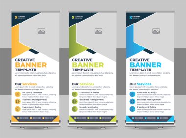 Banner katlanır şablon tasarımı, iş konsepti. Sergiler için grafiksel şablon rulosu, seminer afişi, fotoğraf yerleştirme düzeni. Konferans için evrensel stand, tanıtım pankartı vektör arkaplanı