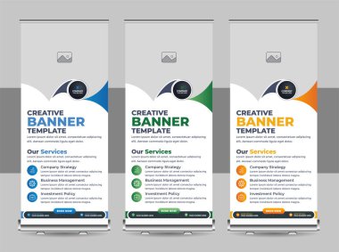 Banner katlanır şablon tasarımı, iş konsepti. Sergiler için grafiksel şablon rulosu, seminer afişi, fotoğraf yerleştirme düzeni. Konferans için evrensel stand, tanıtım pankartı vektör arkaplanı
