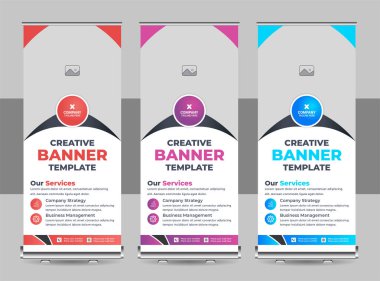 Banner katlanır şablon tasarımı, iş konsepti. Sergiler için grafiksel şablon rulosu, seminer afişi, fotoğraf yerleştirme düzeni. Konferans için evrensel stand, tanıtım pankartı vektör arkaplanı