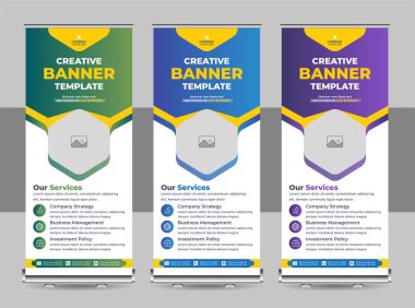 Banner katlanır şablon tasarımı, iş konsepti. Sergiler için grafiksel şablon rulosu, seminer afişi, fotoğraf yerleştirme düzeni. Konferans için evrensel stand, tanıtım pankartı vektör arkaplanı