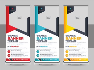 Banner katlanır şablon tasarımı, iş konsepti. Sergiler için grafiksel şablon rulosu, seminer afişi, fotoğraf yerleştirme düzeni. Konferans için evrensel stand, tanıtım pankartı vektör arkaplanı