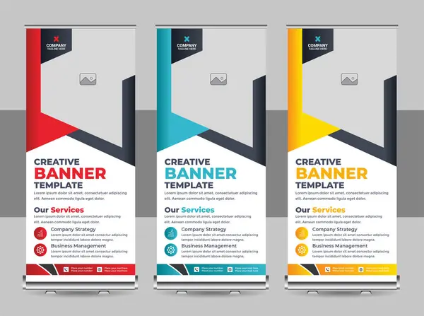 Banner katlanır şablon tasarımı, iş konsepti. Sergiler için grafiksel şablon rulosu, seminer afişi, fotoğraf yerleştirme düzeni. Konferans için evrensel stand, tanıtım pankartı vektör arkaplanı