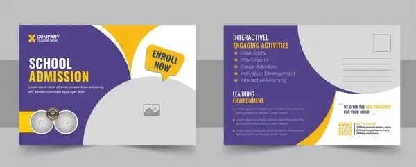 Çocuklar okula geri dönüyor. Giriş kartpostalı taslağı. Modern okul giriş kartı şablonu. Okul kartpostal şablonu, okul eğitimi ve kartpostal tasarımı.