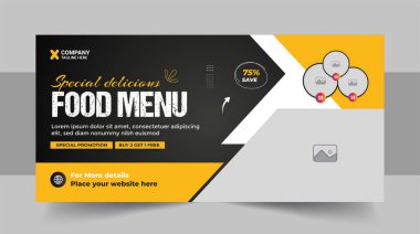 Fast food ya da Restoran işletmesi tanıtımı sosyal medya pazarlama web pankartı logo ve simgesi, pizza, hamburger ve sağlıklı yiyecek ticareti tanıtım broşürü tasarımı.