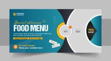 Fast food ya da Restoran işletmesi tanıtımı sosyal medya pazarlama web pankartı logo ve simgesi, pizza, hamburger ve sağlıklı yiyecek ticareti tanıtım broşürü tasarımı.