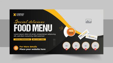 Fast food ya da Restoran işletmesi tanıtımı sosyal medya pazarlama web pankartı logo ve simgesi, pizza, hamburger ve sağlıklı yiyecek ticareti tanıtım broşürü tasarımı.