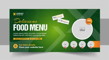 Fast food ya da Restoran işletmesi tanıtımı sosyal medya pazarlama web pankartı logo ve simgesi, pizza, hamburger ve sağlıklı yiyecek ticareti tanıtım broşürü tasarımı.