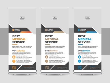 Sağlık hizmetleri pankartı şablon paketi. Medikal, 3D, reklamcılık, arka plan, afiş, biyokimya, biyoloji, mavi, broşür, iş tanıtım tabelaları, standart vektör düzeni. Modern sağlık ve tıbbi katlama tasarımı