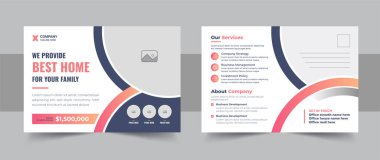 Gayrimenkul ev satışı kartpostal tasarımı, şirket ve modern eddm kartpostal tasarımı veya davetiye tasarımı, olay kartı tasarımı, doğrudan posta şablonu, broşür şürü. Basit ve temiz modern minimal kartpostal şablonu, kartpostal düzeni