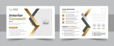 Interior postcard design template or Unique construction, renovation, corporate eddm postcard design layout. Modern corporate business postcard design template, business postcard design or company eddm postcard layout clipart