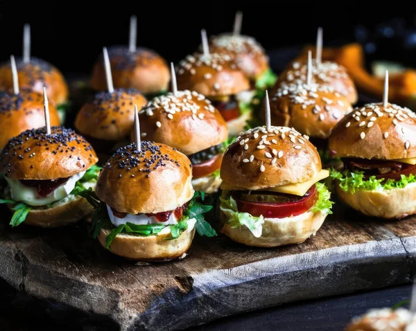 Mini burgers for vegetarians and meat lovers. Isolated on brown background. Close-up. Macro. American cuisine. Gourmet meal.